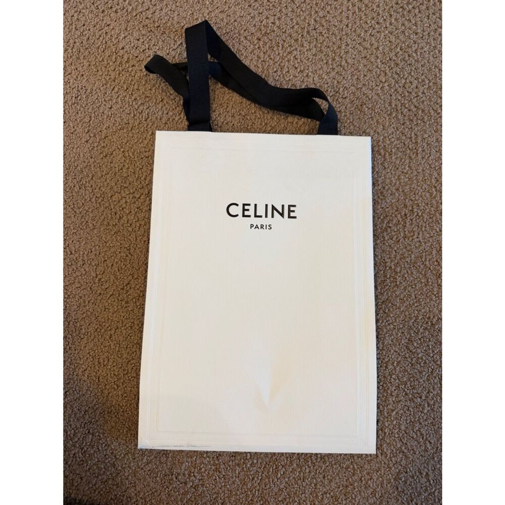 Celine White Logo Shopping Bag with Black Ribbon Handles
